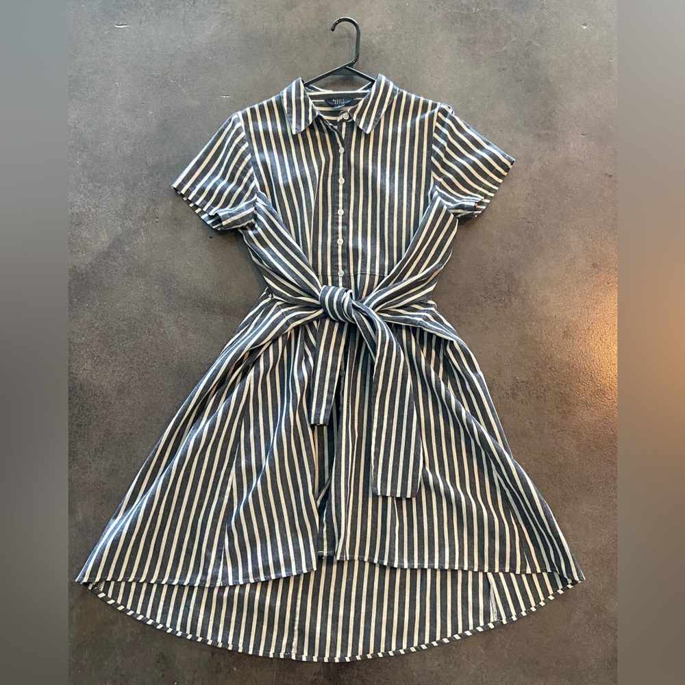 Striped High-Low Shirt Dress with Tie Waist, Navy & White